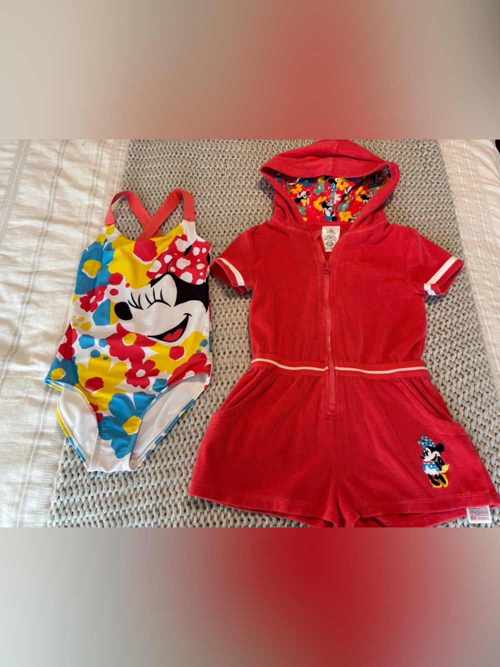 Disney Red Hooded Romper & Minnie Floral Swimsuit Set
